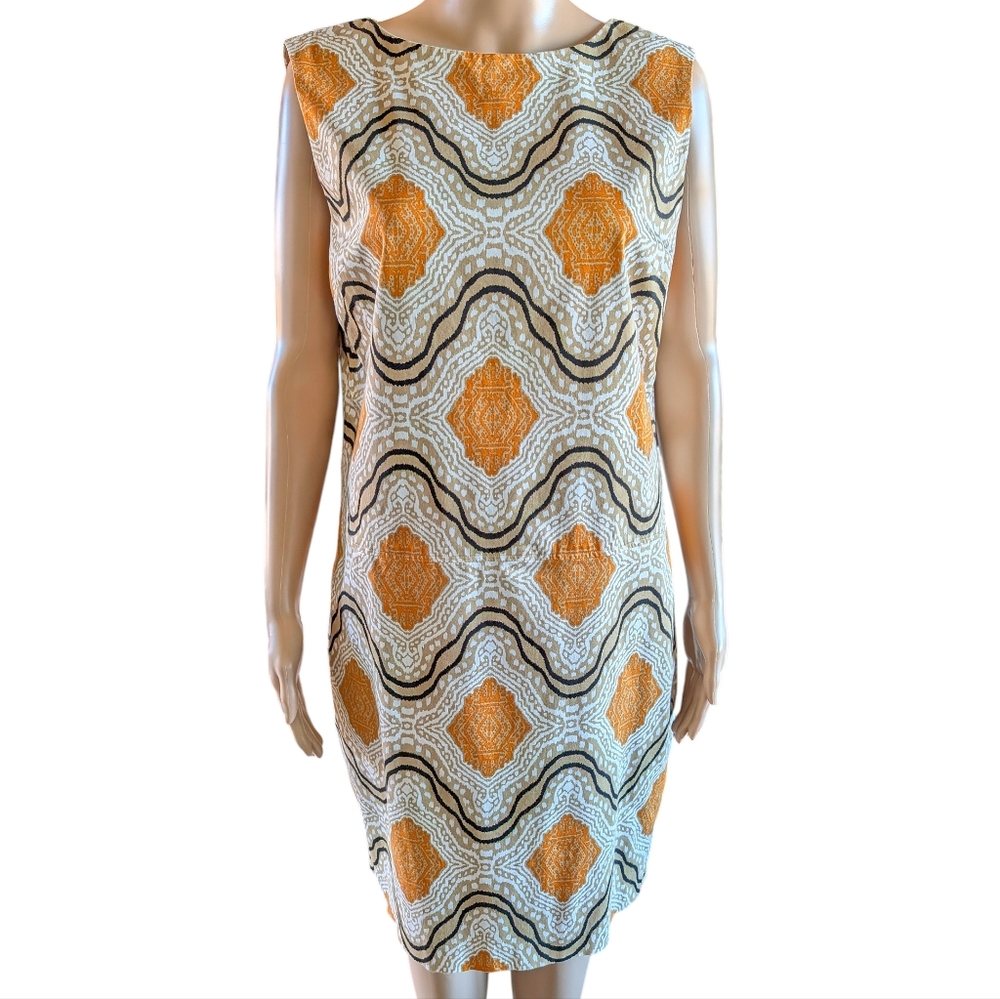 Jones New York Black Gold Geometric Patterned Sleeveless Dress Size 8 Lined